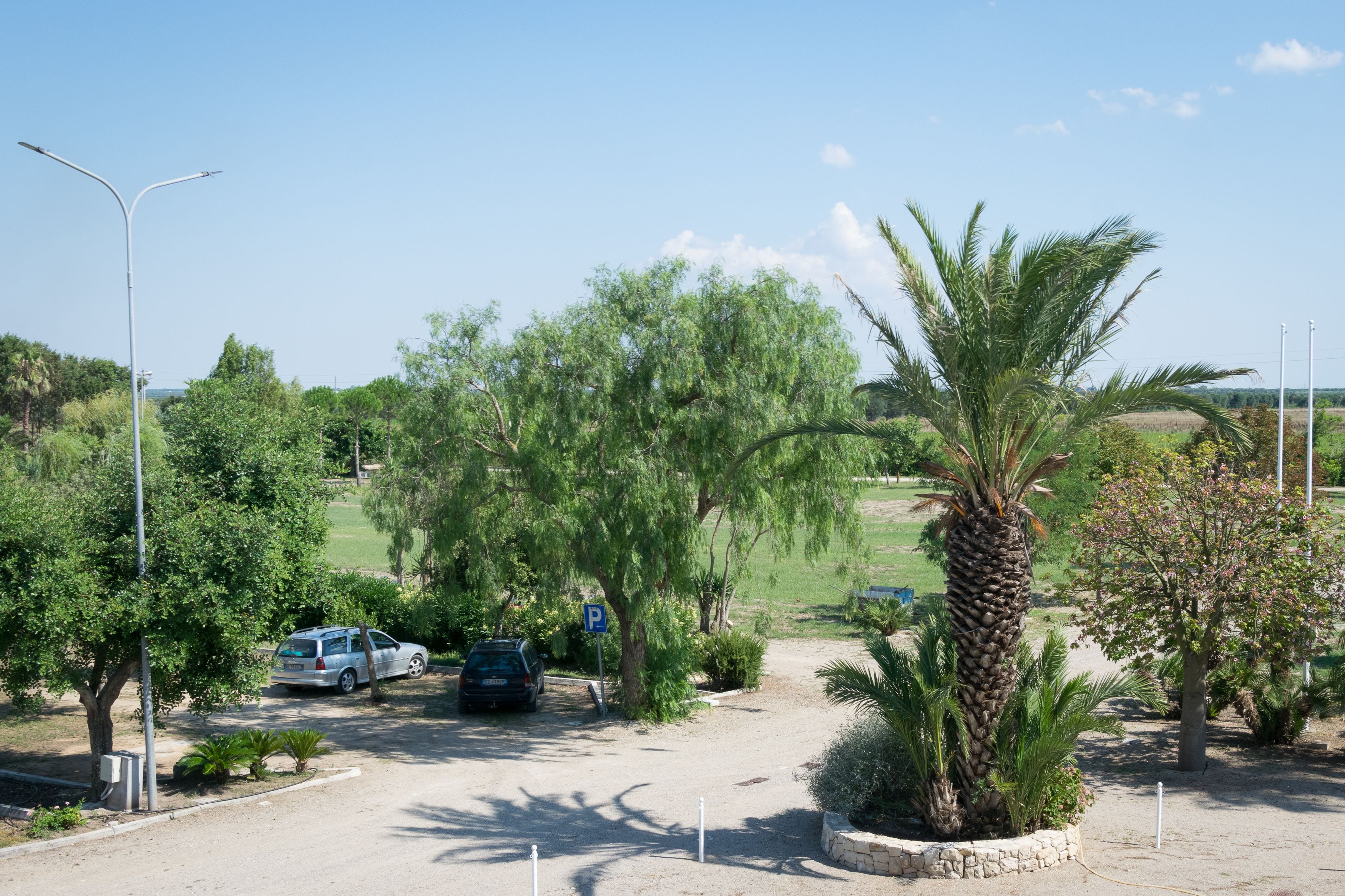 A parking area with a car, trees, and a clear sky.