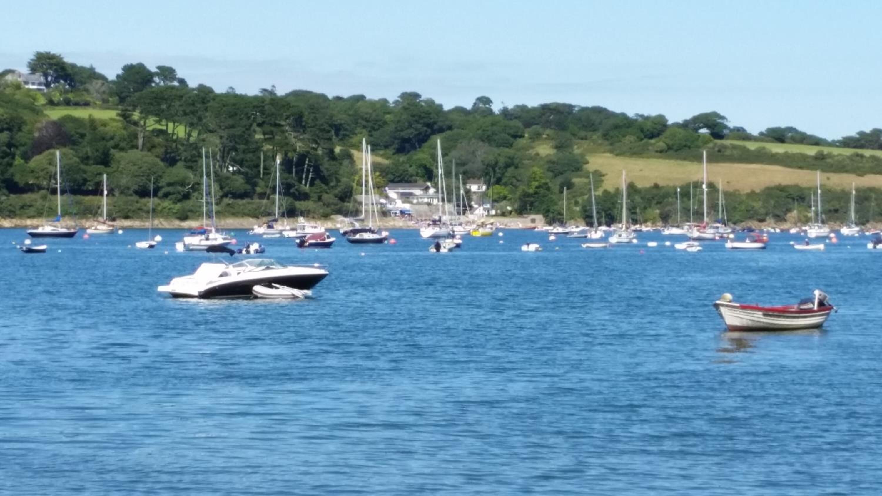 Uma marina com diversos barcos ancorados em águas calmas, cercada por vegetação exuberante e uma paisagem montanhosa.