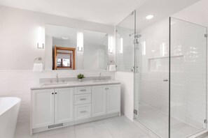 Shower, rainfall showerhead, hair dryer, towels