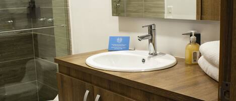 A bathroom with a wooden vanity, a white sink, a mirror, a glass shower enclosure, and a toilet.