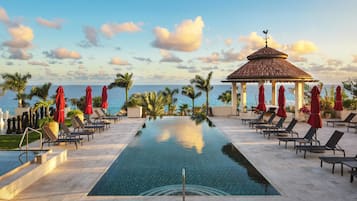 Outdoor pool, pool umbrellas, pool loungers
