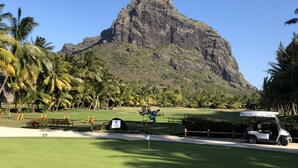 A golf course with a large mountain in the background, palm trees, and a golf cart. - Villa with Heated Pool (Black River)