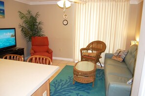 Condo, 1 Bedroom, Kitchen | Living room | TV - Gulf Shores Surf  Racquet 214 A - One Bedroom Condo (Gulf Shores)