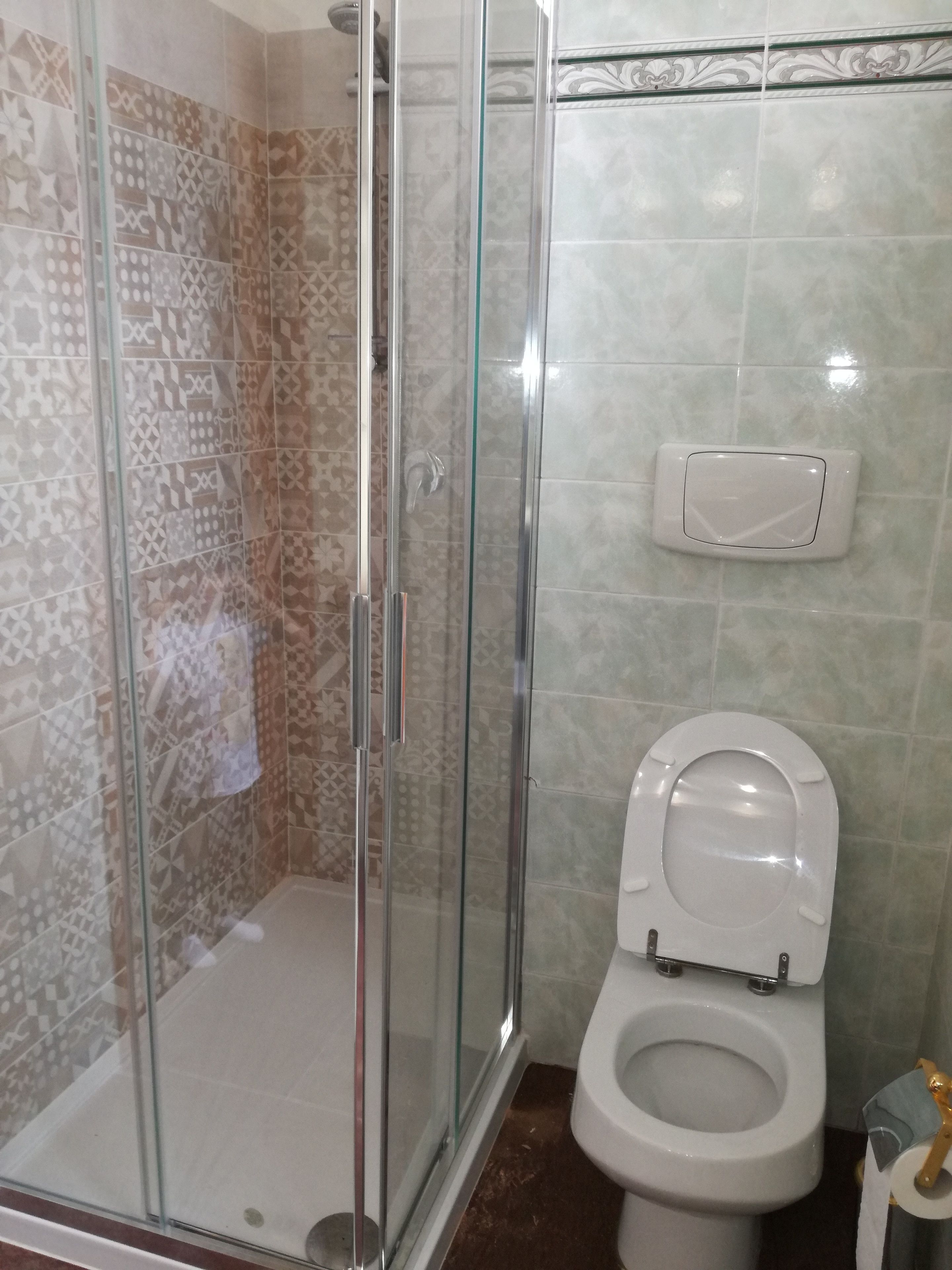 Un bagno con doccia vetrata, piastrelle decorate, un water e un dispenser per asciugamani di carta.