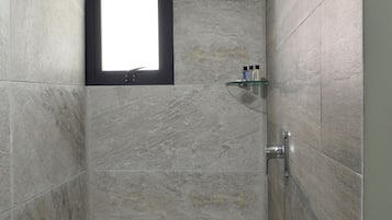 Separate bathtub and shower, jetted bath, rainfall showerhead