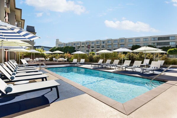 Outdoor pool, open 9:00 AM to 8:00 PM, pool umbrellas, sun loungers