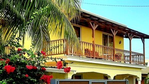 Una casa de dues plantes amb un balcó, una entrada tancada amb reixa i una palmera.