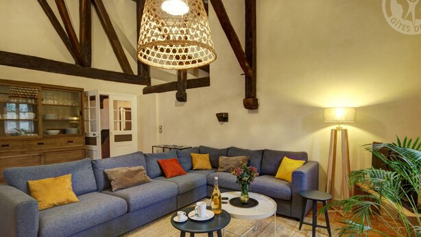 Ein gemütliches Wohnzimmer mit einem blauen Ecksofa, einem runden Couchtisch und einer Pendelleuchte.