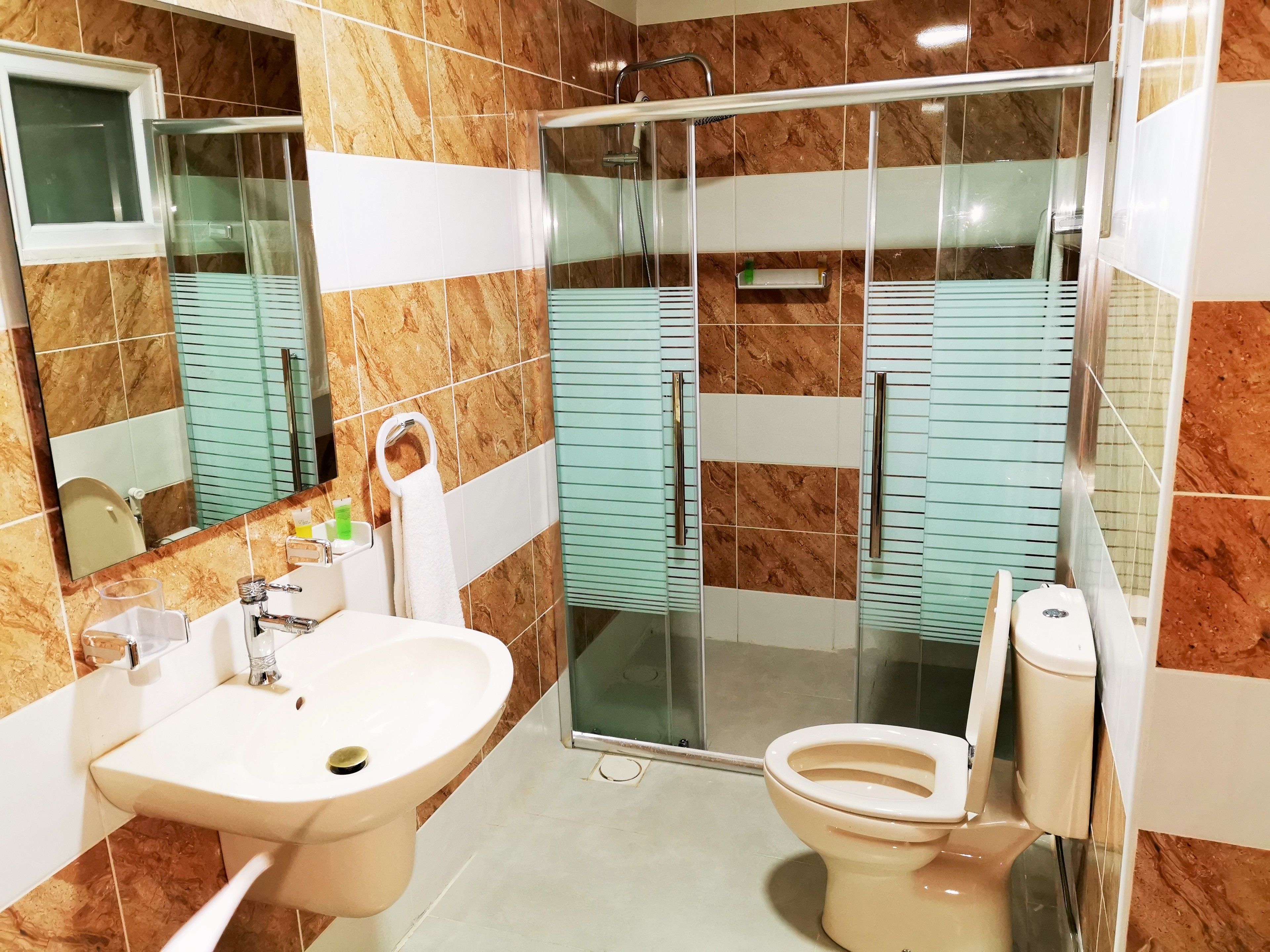 A bathroom with a glass-enclosed shower, a sink, and a toilet.