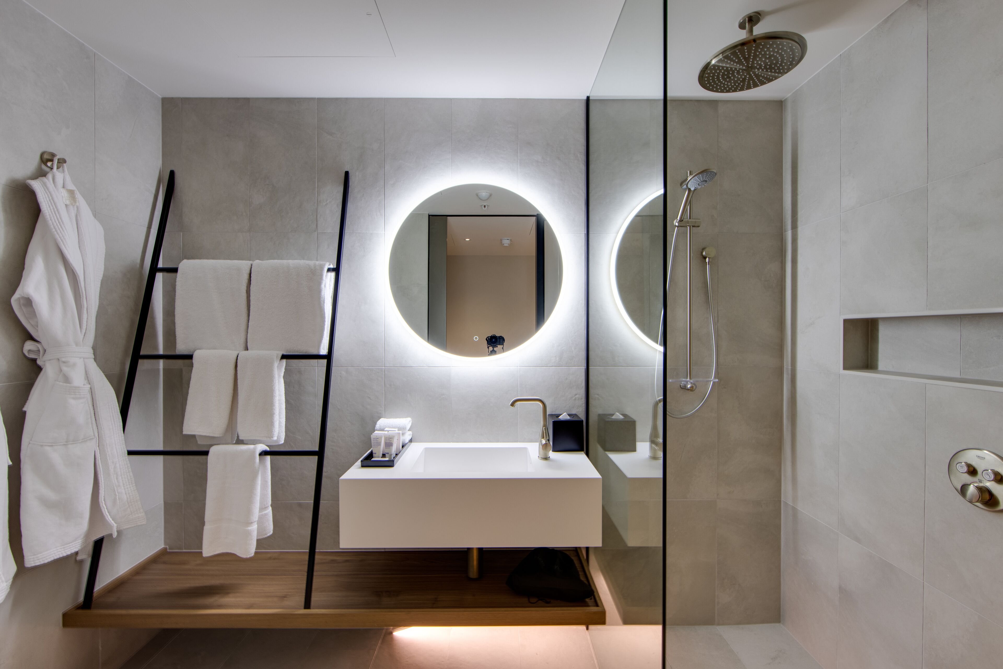 studio king | bathroom | shower, rainfall showerhead, designer toiletries, hair dryer