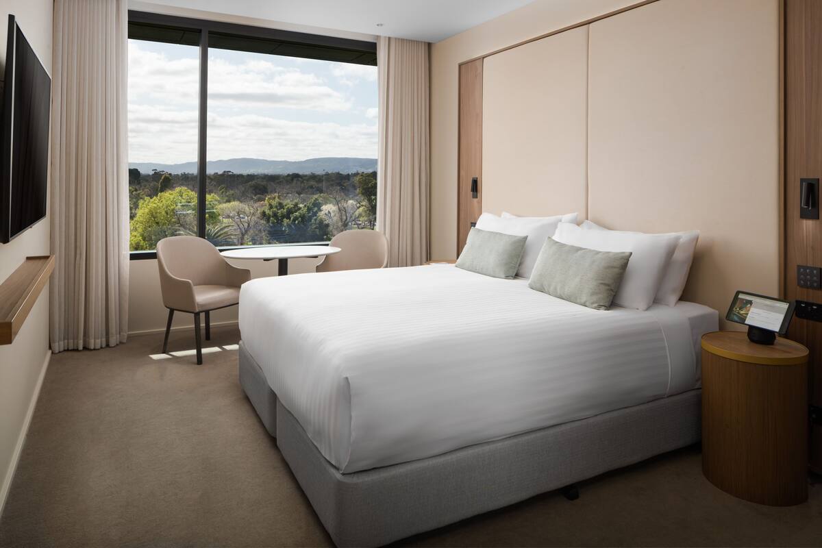 Une chambre d’hôtel avec un grand lit, un bureau, une chaise, une télévision et une vue sur l’extérieur.