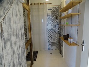 Combined shower/bathtub, hair dryer, toilet paper