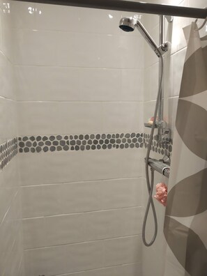 Chuveiro, secador de cabelo, toalhas de banho, papel higiênico