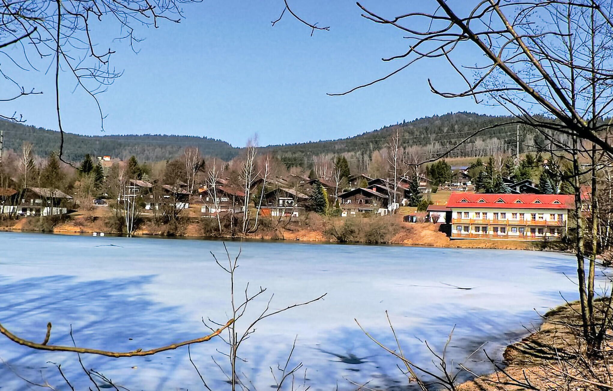 A lakeside village with houses along the shore and a prominent building with a red roof.