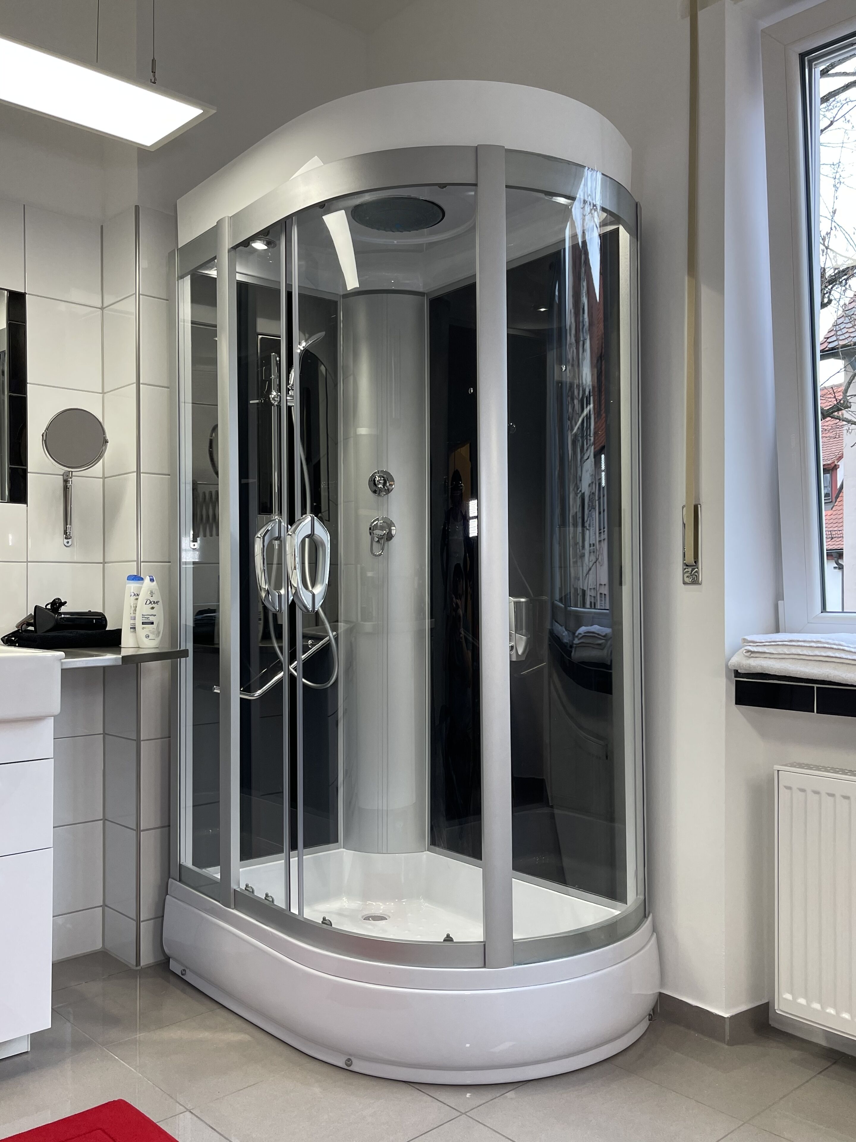 A modern bathroom with a glass-enclosed shower, a white sink, and a mirror.