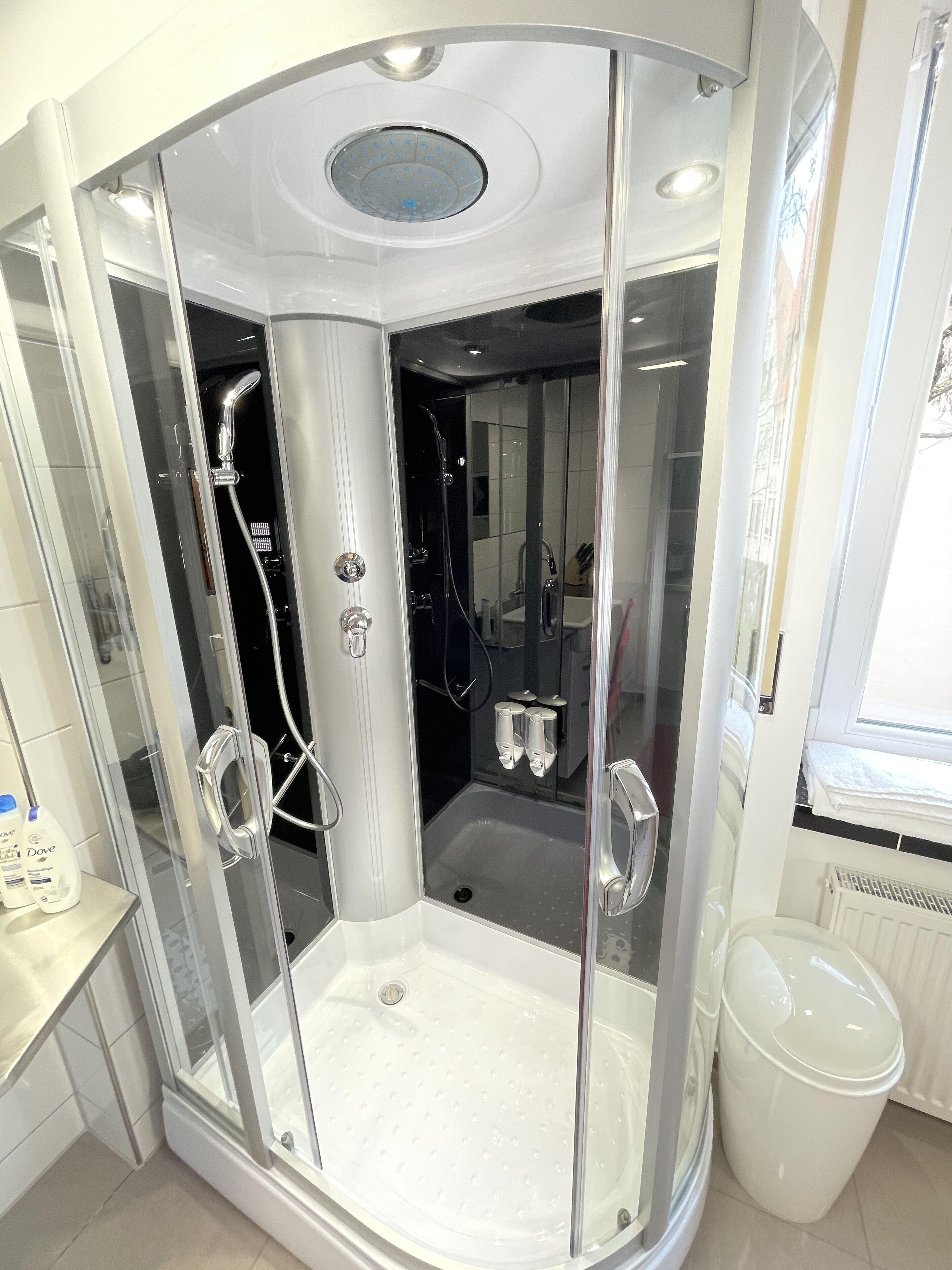 Une douche d’angle avec un pare-douche en verre, un lavabo blanc et des toilettes blanches.