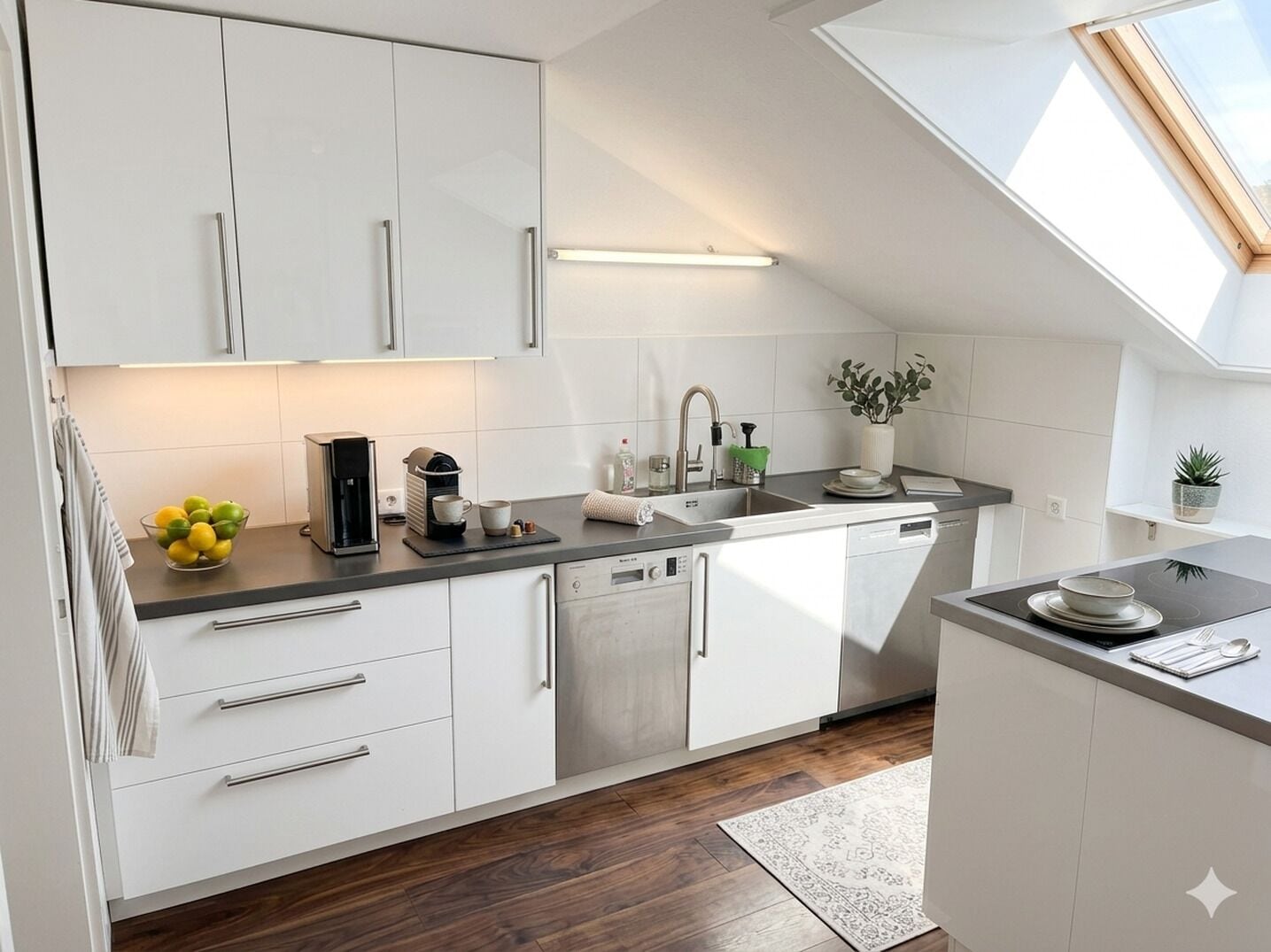 A modern kitchen with white cabinets, a dishwasher, a coffee maker, and a skylight.