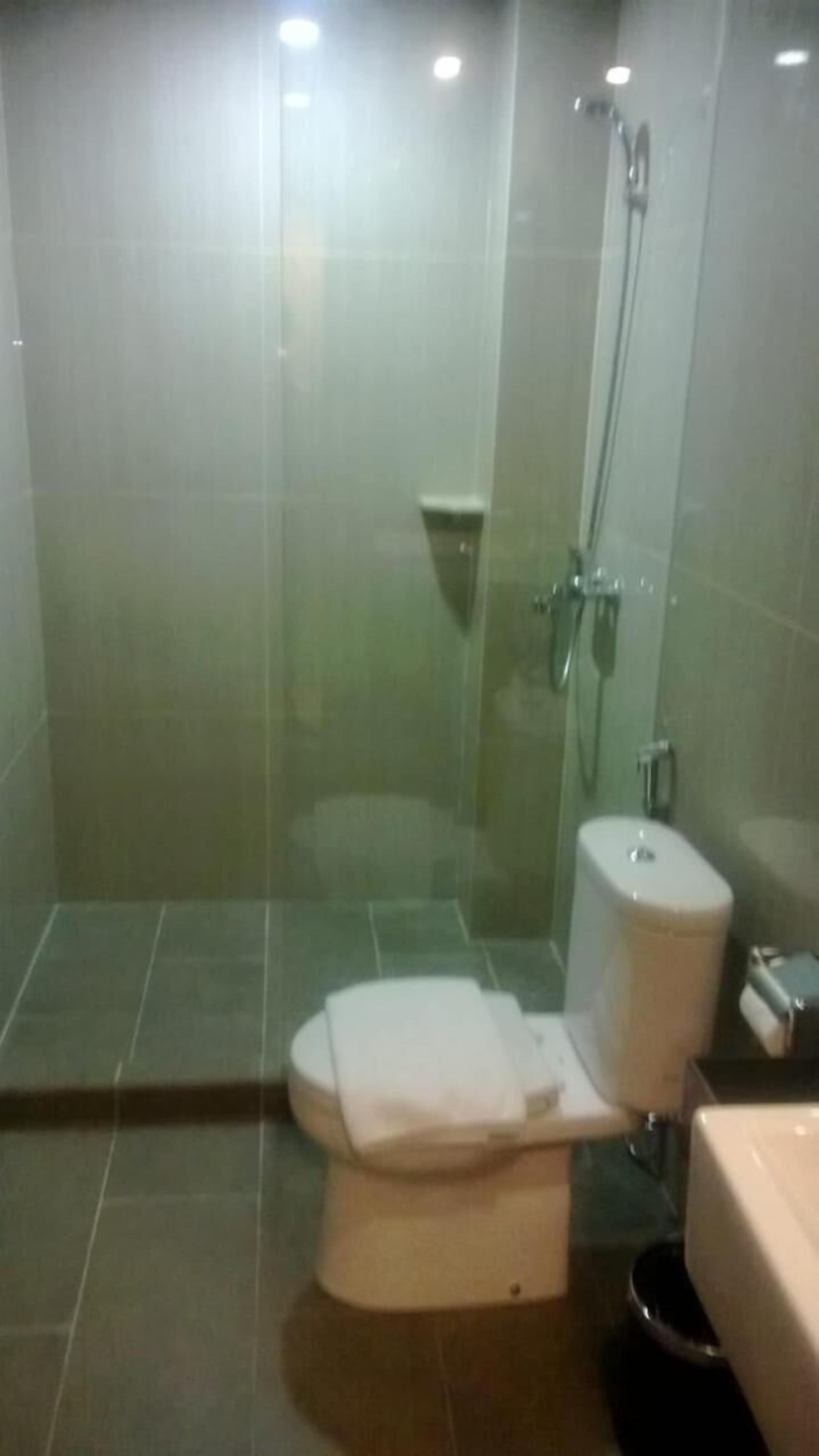 A small, modern bathroom with a glass shower enclosure, a toilet, and a sink.