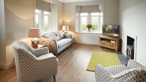Un salon comprenant un canapé, des fauteuils, un téléviseur, une cheminée et une fenêtre donnant sur un paysage verdoyant.