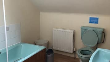 Combined shower/bathtub, towels, soap, toilet paper