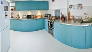 A modern kitchen with teal cabinets, stainless steel appliances, and a variety of utensils on the wall. - Ricco Tara (Boossa)
