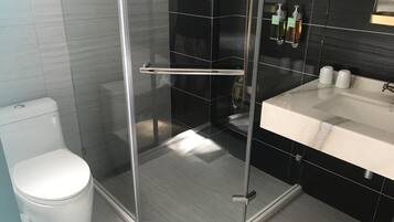 A modern bathroom with a glass-enclosed shower, a white toilet, and a vanity with a sink and mirror.