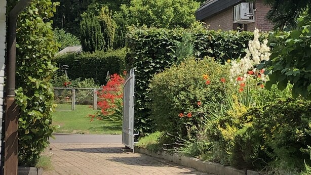 A garden pathway leading to a gated entrance, surrounded by lush greenery and flowering plants.