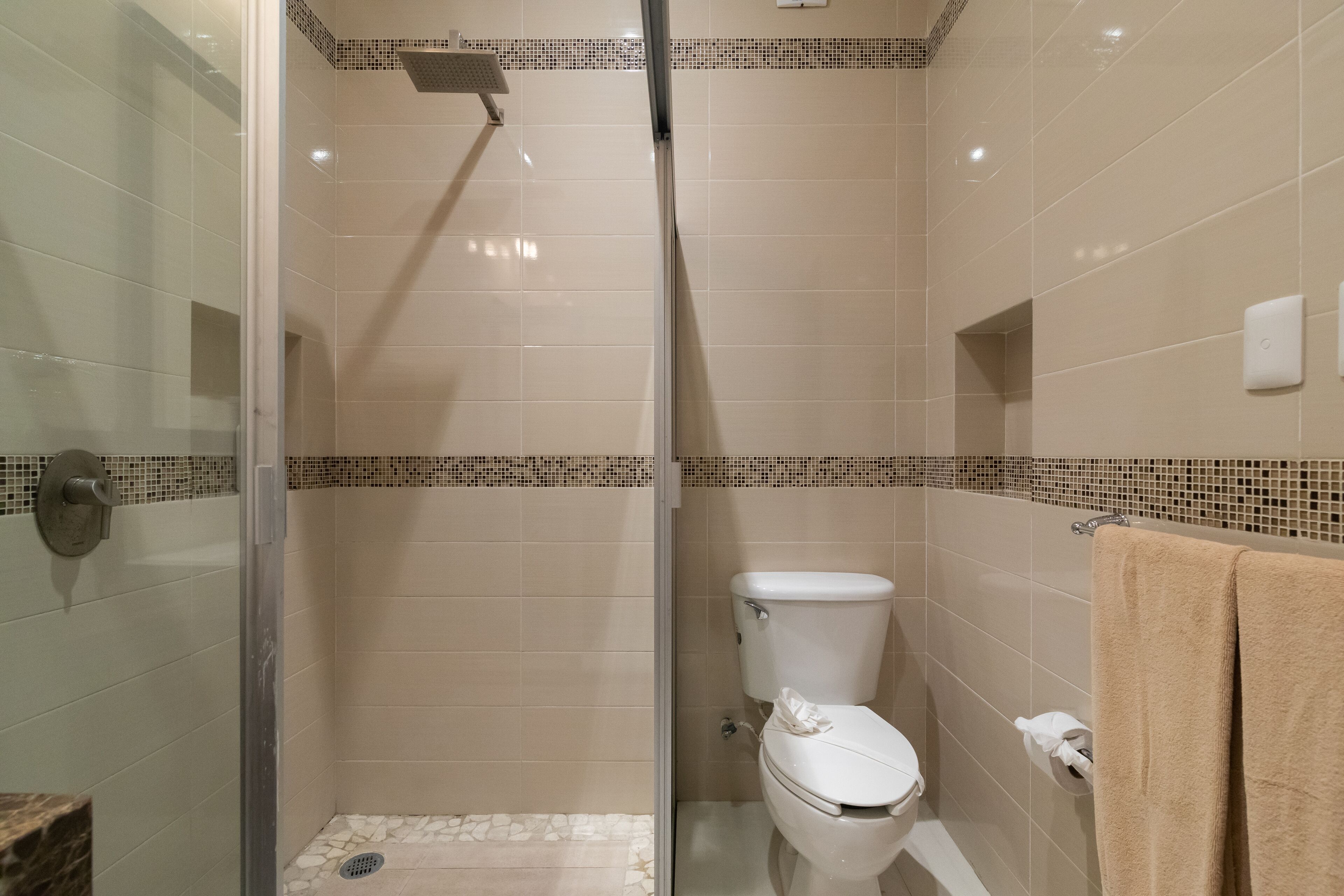 A bathroom with a glass-enclosed shower, a toilet, and a towel rack.