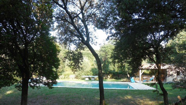 A swimming pool surrounded by trees and a stone building. - Mansion - Souvignargues (Souvignargues)