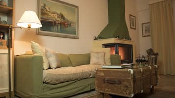 Televisión, chimenea, libros y biblioteca musical