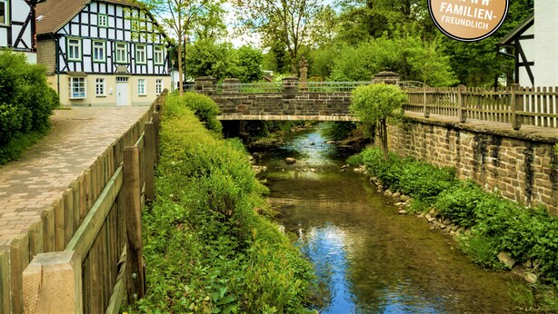 A traditional half-timbered building with a stone bridge over a stream, surrounded by greenery.