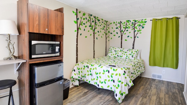 A compact room with a bed, a microwave, a refrigerator, and a small table with a lamp. - Whitehall Cottages Boutique Motel - Full Beds (Whitehall)