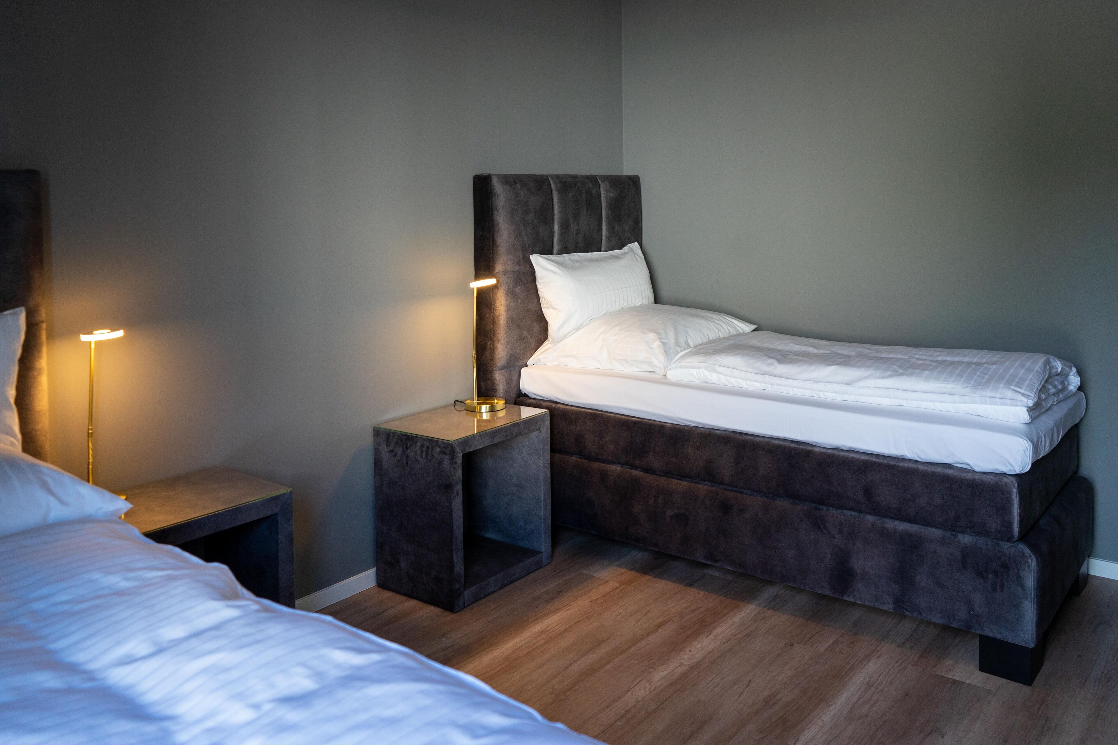 A modern bedroom with a large bed, a bedside table with a lamp, and a dark headboard.