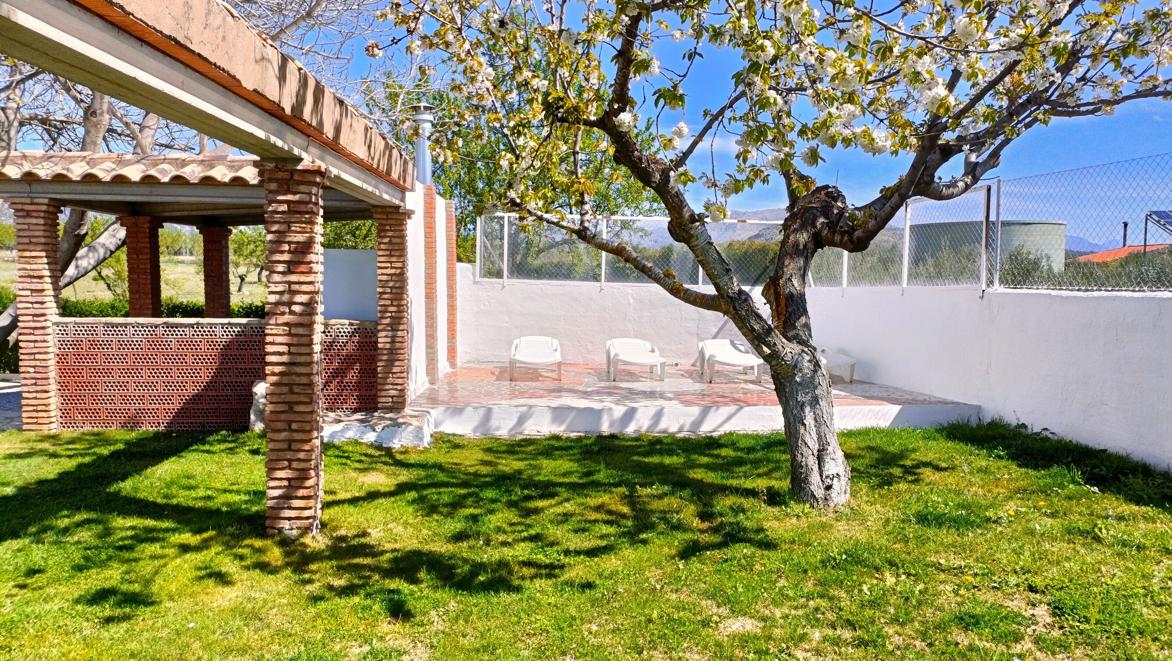 A covered outdoor seating area with brick pillars and a tiled floor, surrounded by a white fence and a tree with white blossoms.