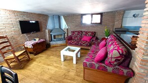 TV connectée, cheminée, livres