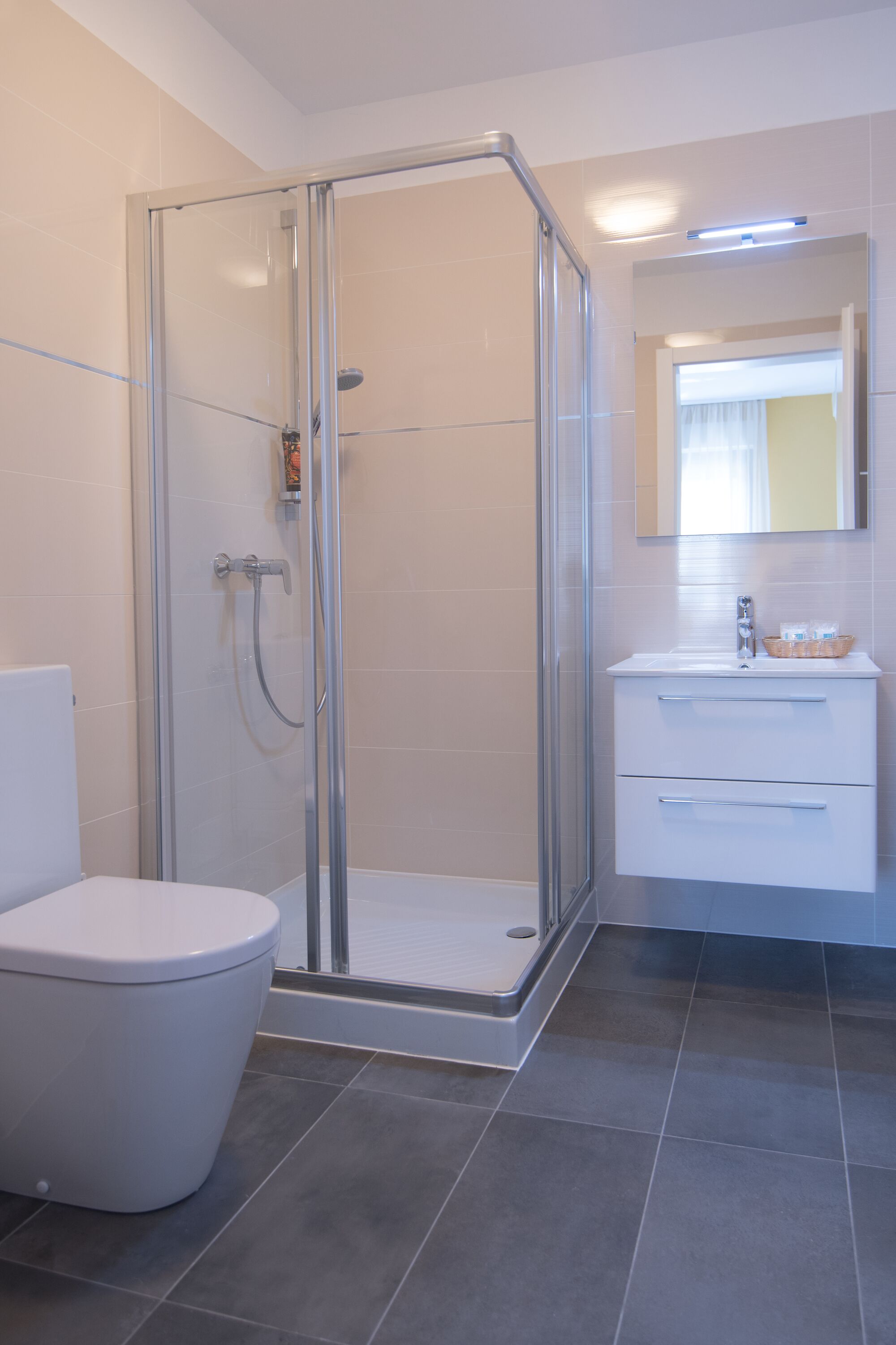 A modern bathroom with a glass-enclosed shower, a white toilet, and a vanity with a mirror.