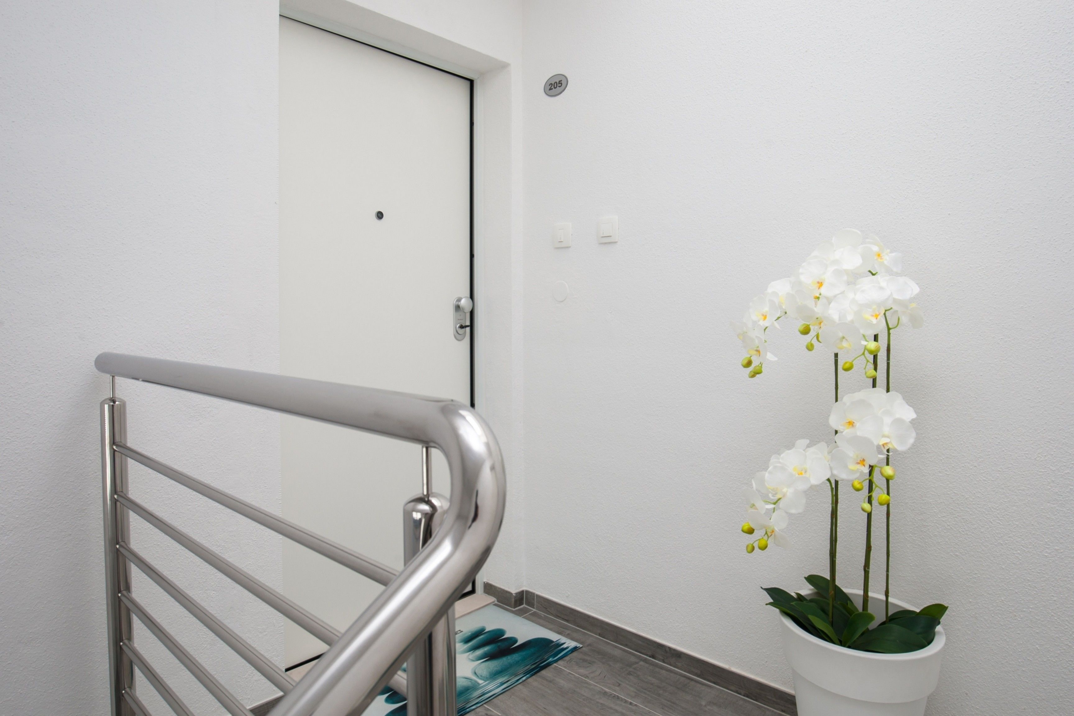 A white door with a number plate, a metal handrail, and a potted orchid on the floor.