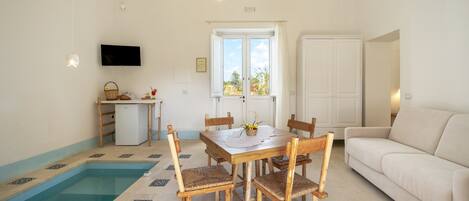 A room with a pool, a dining table with chairs, a sofa, a TV, and a window with curtains.