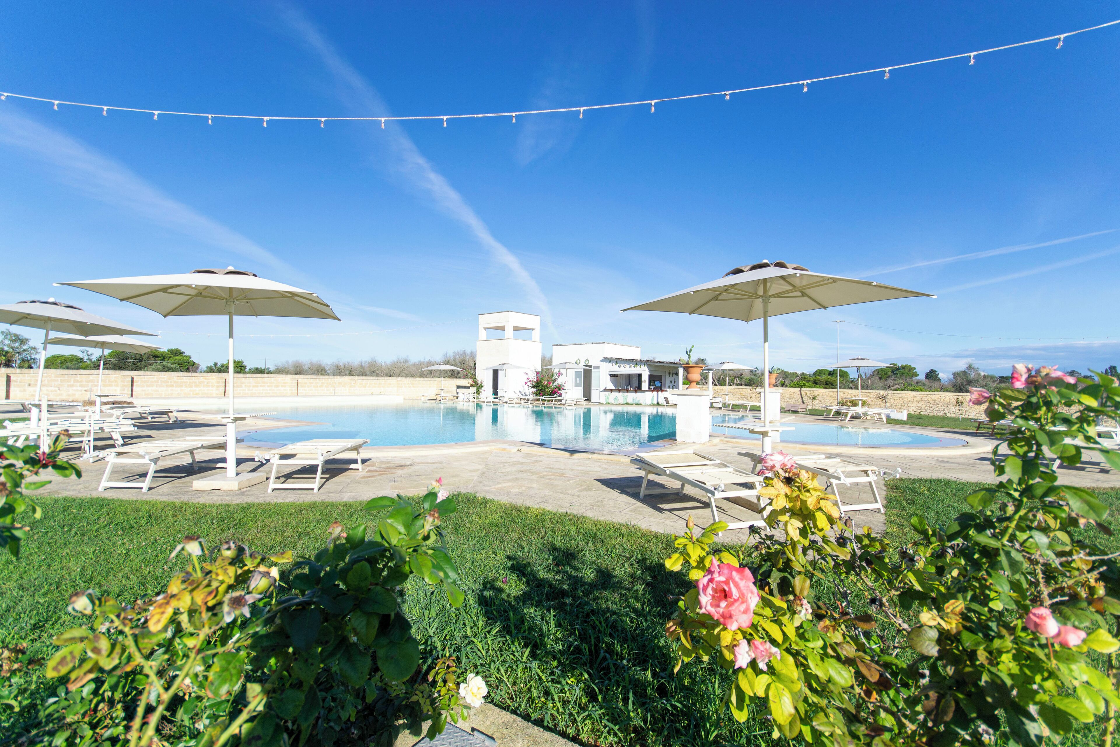 A pool area with lounge chairs and umbrellas, surrounded by greenery and a clear sky.