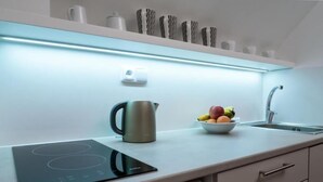 A modern kitchen with an induction cooktop, a kettle, a bowl of fruit, and a sink. - Apartmány Divoký anděl (Dolní Moravice)