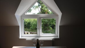 A room with a skylight window overlooking a garden. - Apartmány Divoký anděl (Dolní Moravice)