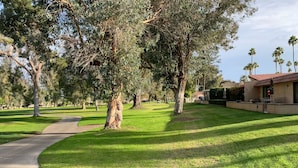 A park with a paved path, green grass, and trees.