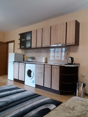 Fridge, stovetop, coffee/tea maker, electric kettle