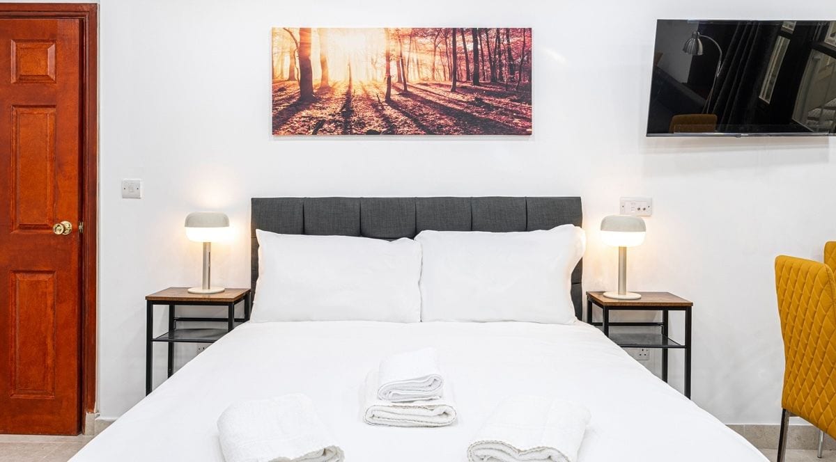 Une chambre d’hôtel avec un lit, deux lampes de chevet, une télévision et une porte.