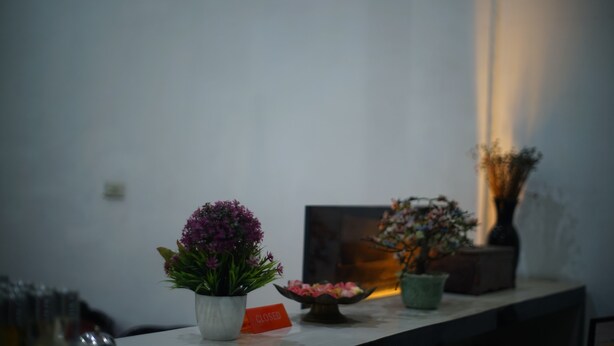 A table with potted plants and a closed sign. - Wisma Pandowo (Inderapura)
