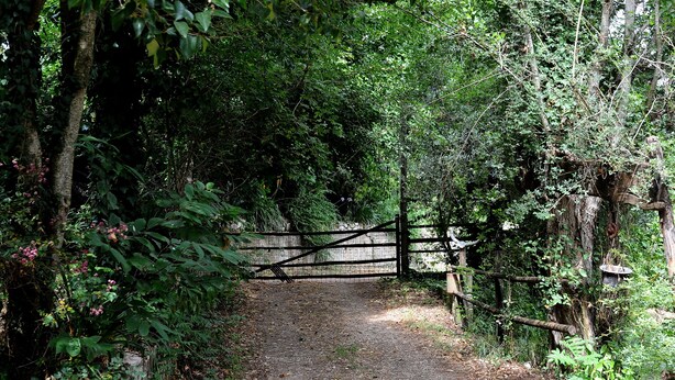 A narrow, gravel path leading through a dense, green forested area with a rustic wooden gate. - B&B Circolo Ippico Semprevisa (Sezze)