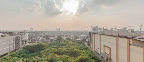 Un jardín en la azotea con abundante vegetación, un paisaje urbano al fondo y un edificio con techo plano y grandes ventanales.