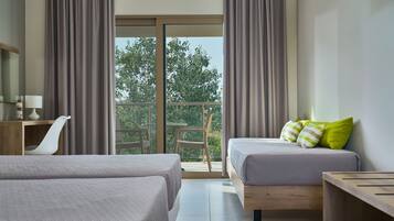Deluxe Triple Room, Pool View | Pillowtop beds, in-room safe, desk, laptop workspace