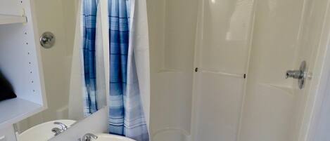 Een badkamer met een wastafel, spiegel en douche.