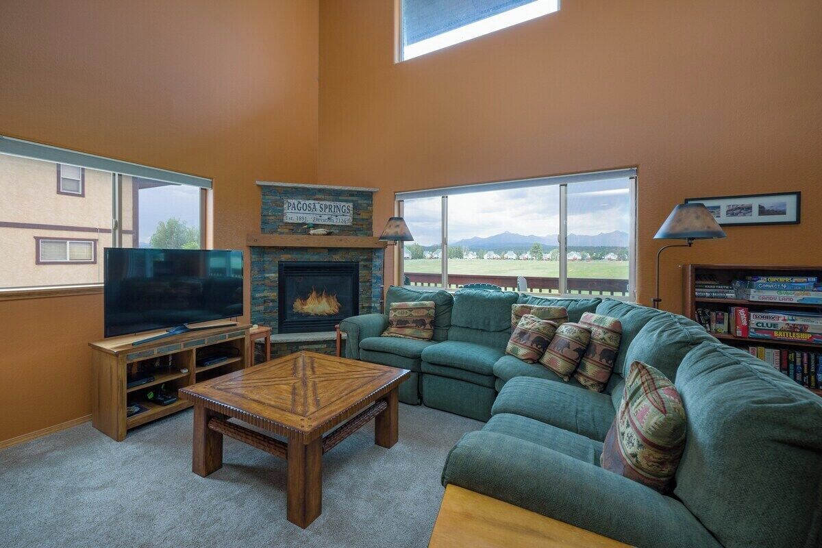 TV connectée, cheminée, livres, chaîne hi-fi